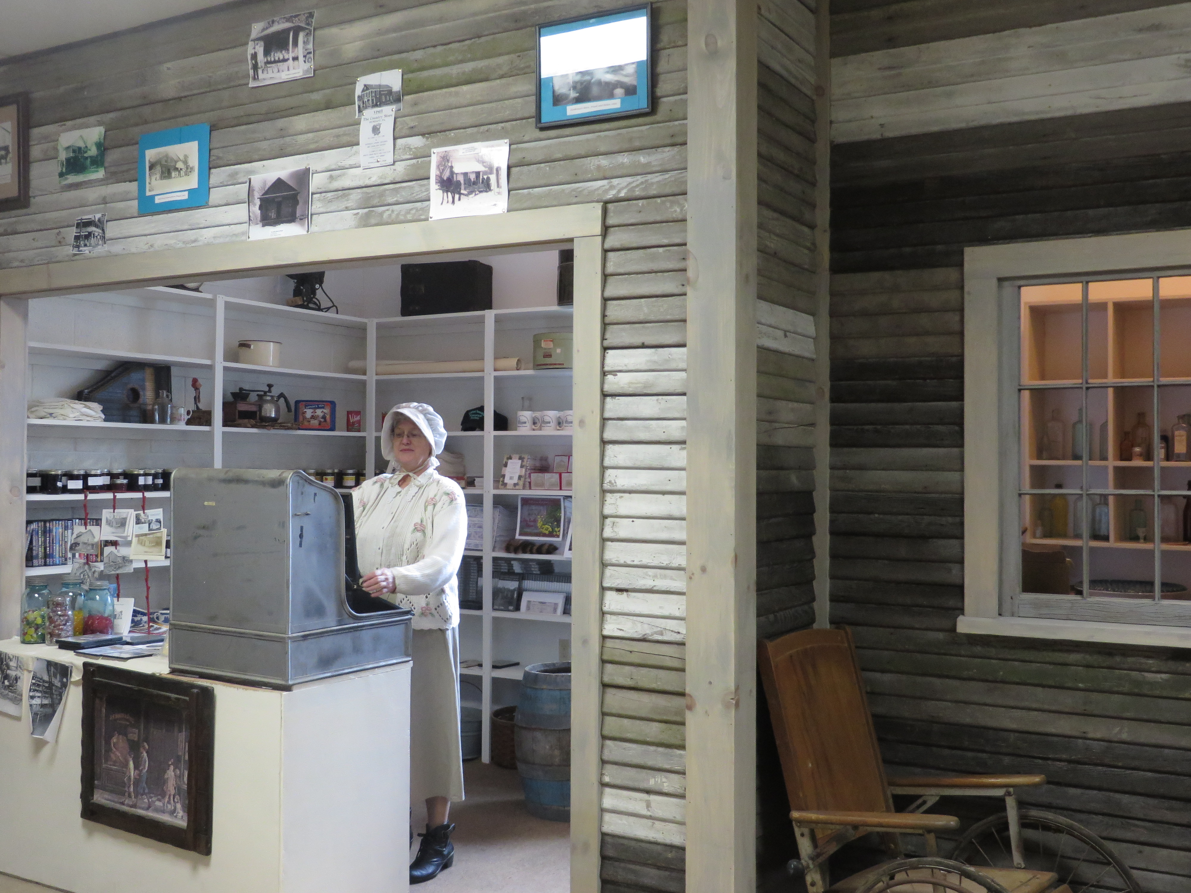 CTHS volunteer-director, Sandy Wilmot, stands ready to greet customers at the new and fully stocked General Store in the Museum of Local History, located in Clifford’s Community Center on Cemetery Street.  Come visit on Election Day, April 26th, 8:00am-8:00pm.
